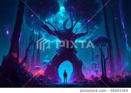 Fantasy of neon forest glowing colorful like fairytale. (Created with Generative AI technology). 98893364