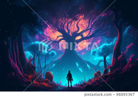 Fantasy of neon forest glowing colorful like fairytale. (Created with Generative AI technology). 98893367