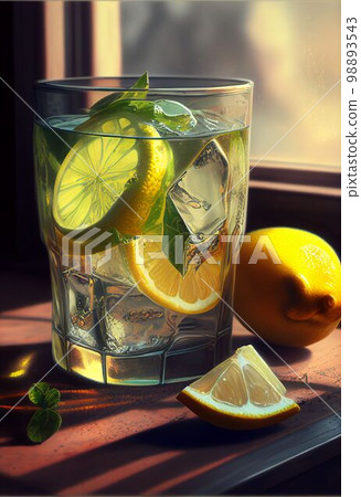 Glass of cold freshly lemonade juice and ice cube for healthy Created with Generative AI technology. 98893543