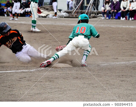 青少年棒球三壘手和跑壘員 Safeout 戰斗場景 青少年棒球三壘手和跑壘員 Safeout 戰斗場景 98894455