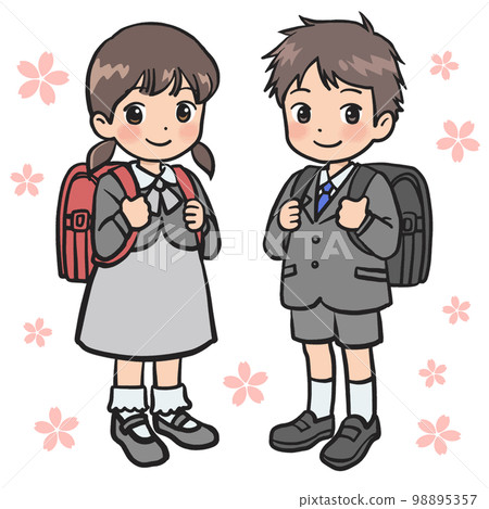Illustration of a male and female freshman wearing formal clothes carrying cherry blossom petals and a school bag Illustration of a male and female freshman wearing formal clothes carrying cherry blossom petals and a school bag 98895357