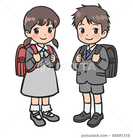 Illustration of a male and female freshman wearing formal clothes carrying a school bag Illustration of a male and female freshman wearing formal clothes carrying a school bag 98895358