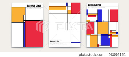 Set of covers vector template. Retro pattern from triangles, squares and circles. Composition of Piet Mondrian style. Poster design Set of covers vector template. Retro pattern from triangles, squares and circles. Composition of Piet Mondrian style. Poster design 98896161