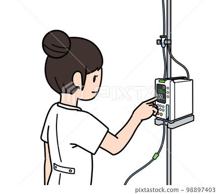 A nurse operating an infusion pump A nurse operating an infusion pump 98897403