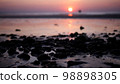 Beautiful view sunset over sea, ocean waves crashing on a stones beach 98898305