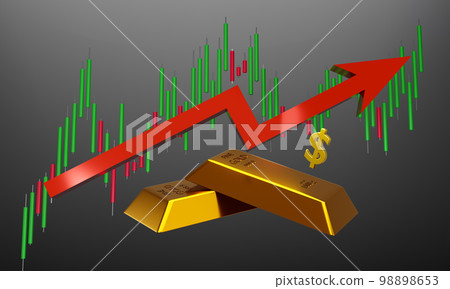 3d rendering illustration of gold bar and dollar sign with financial chart red arrow up concept stock market finance investment 98898653