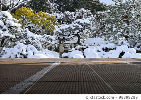 Snow garden at Iwakura Myomanji Temple in Kyoto City on a winter morning 98899289