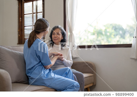 Nurse, hands and senior patient in empathy, safety and support of help, trust and healthcare consulting. Nursing home, counseling and gratitude for medical caregiver, client and hope in consultation 98899400