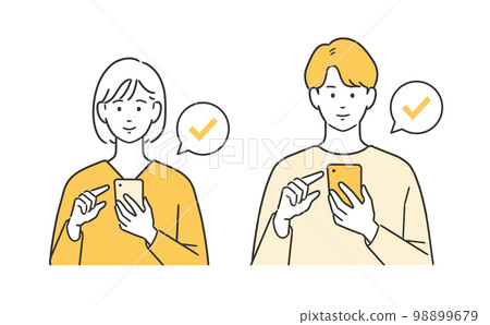 男性和女性操作和檢查智能手機的插圖 98899679
