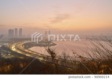 日出，細塵，摩天大樓，聖水橋，江邊高速公路，城東區，漢江，首爾 98900214