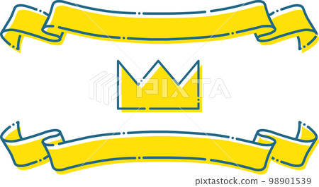 Blue dashed line and yellow cute crown and ribbon frame headline illustration set 98901539