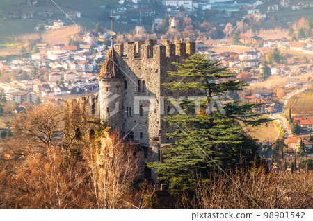 Castel Fontana in Tirol near Merano in Trentino Alto Adige - Italy with city background . beautiful Castel Fontana in Tirol near Merano in Trentino Alto Adige - Italy with city background . beautiful 98901542