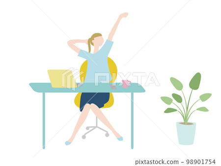 A woman stretching at her desk A woman stretching at her desk 98901754
