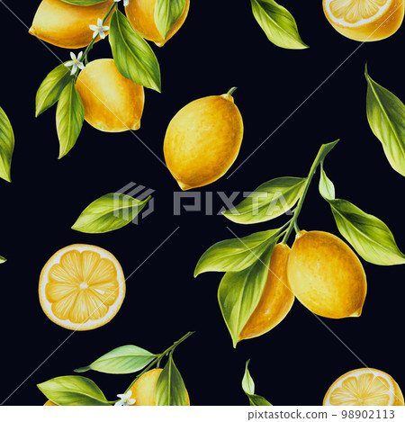 Watercolor seamless pattern with fresh ripe lemon with bright green leaves and flowers. Hand drawn cut citrus slices painting on black background. For designers, postcards, party Invitations, wrapping 98902113