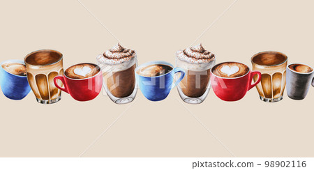 Watercolor bordure with coffee in porcelain and glass cups. Hand painting espresso, americano, latte, raff, take away coffee, mocha on a white isolated background. For designers, menu, shop, bar 98902116