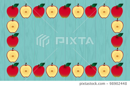 藍色木紋上排列著蘋果的背景/框架 98902448