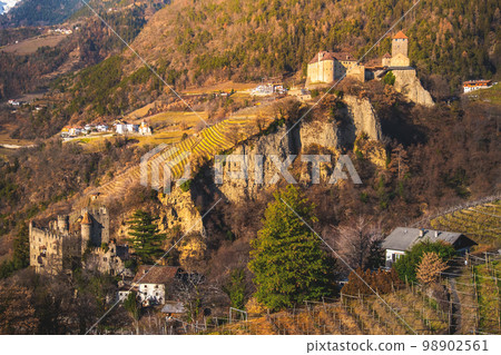 Castel Tirolo near Merano in Trentino Alto Adige - Italy - beautiful warm tones autumn landscape  98902561