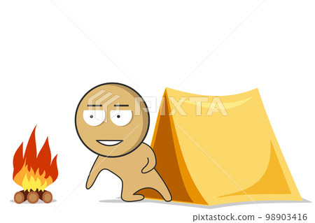 The boy is resting in nature with a tent and a fire 98903416