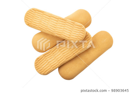 Crackers. Delicious baby wheat cookies on an isolated white background. Fresh confectionery biscuit. 98903645