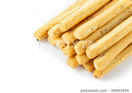 Traditional italian breadsticks isolated on white background. Grissini sticks. 98903694