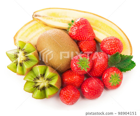 Bananas, kiwi and strawberry lose up isolated on a white background Bananas, kiwi and strawberry lose up isolated on a white background 98904151