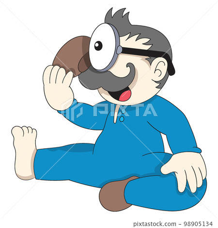baby boy is sitting using a magnifying glass to look inside his shoes baby boy is sitting using a magnifying glass to look inside his shoes 98905134