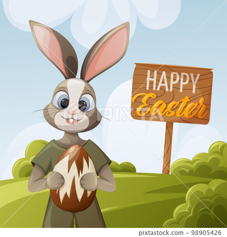Easter landscape. The bunny holds a large painted egg in its paws. Vector illustration in cartoon style. For banner, postcard, kids book Easter landscape. The bunny holds a large painted egg in its paws. Vector illustration in cartoon style. For banner, postcard, kids book 98905426