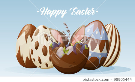 Festive card for Happy Easter. Colorful eggs decorated with chocolate, bunny ears, willow twigs. Vector illustration for poster, banner, website, postcard 98905444