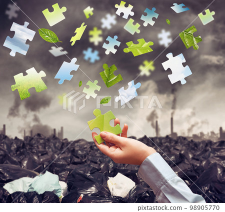 Rebuild with puzzles a landscape polluted by smog, rubbish and pollution 98905770