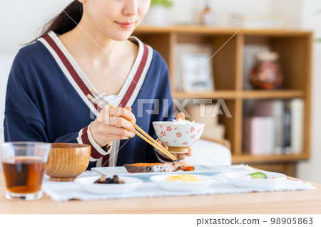 A young woman eating breakfast A young woman eating breakfast 98905863