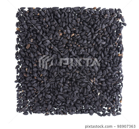 Black cumin seeds isolated on white background. Heap of black nigella seeds. Nigella sativa. Top view. 98907363