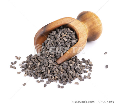 Borage seeds in wooden scoop, isolated on a white background. Borago officinalis seeds. 98907365
