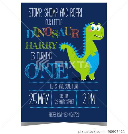 Dinosaur birthday party invitation vector template. Children's birthday celebration poster, banner or invite card design with cute happy cartoon dino and colourful text. Ready to print illustration. 98907421