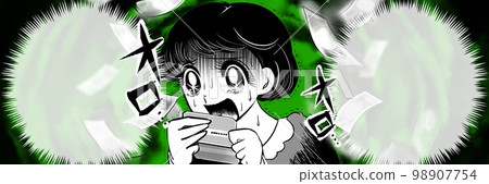 70年代昭和復古少女漫畫，黑髮女性因薪水前失衡而慘白尖叫的黑白插畫，背景是賬單消失 98907754