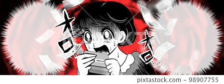 70年代昭和復古少女漫畫,黑髮女性因薪水前失衡而慘白尖叫的黑白插畫,背景是賬單消失 70年代昭和復古少女漫畫,黑髮女性因薪水前失衡而慘白尖叫的黑白插畫,背景是賬單消失 98907755