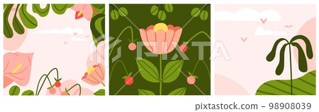 Hand drawn vector abstract modern,clipart illustration of tropical nature scene view with abstract shapes,leaves,flowers.Tropical nature background design concept.Pink sky.Spring landscape background. 98908039