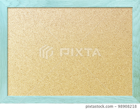 Light brown textured corkboard background image with a light blue border in a wooden frame 98908218