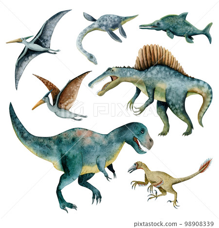 Watercolor dinosaurs illustration set with preditory tyrannosaur, spinosaurus, flying dunosaurs and veloiraptor Watercolor dinosaurs illustration set with preditory tyrannosaur, spinosaurus, flying dunosaurs and veloiraptor 98908339