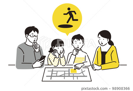 Parents and children checking the evacuation route with a person hazard map 98908366