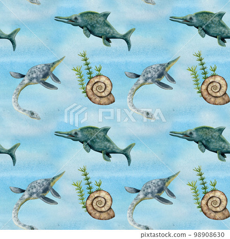 Watercolor seamless pattern with underwater dinosaurs, plesiosaurs, ichthyosaur, seaweed, ammonites on blue background Watercolor seamless pattern with underwater dinosaurs, plesiosaurs, ichthyosaur, seaweed, ammonites on blue background 98908630