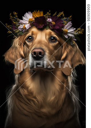 Portrait of a golden retriever dog in a flower wreath on his head, on a black background, isolated. Portrait of a golden retriever dog in a flower wreath on his head, on a black background, isolated. 98909909