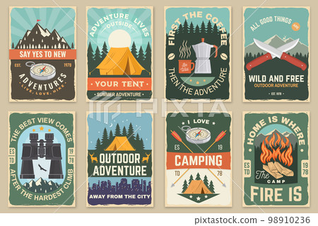 Set of camping retro posters. Vector illustration. Concept for shirt or logo, print, stamp or tee. Design with campfire, mountains, coffee, knife, mountains, deer, binoculars and forest silhouette. 98910236