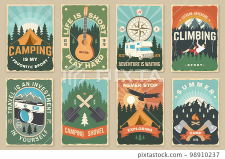 Set of camping poster, banner. Vector illustration. Concept for shirt or logo, print, stamp or tee. Vintage typography design with guitar, camping climber, tent, mountain and forest silhouette. 98910237