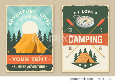 Set of camping retro posters, banner with travel inspirational quotes. Vector illustration. Concept for badge, patch, shirt, logo, print, stamp or tee. Design with camping tent, compass and forest 98910240