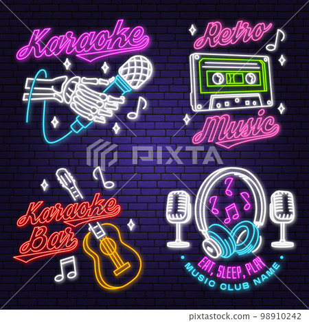 Retro music neon poster, banner. Neon sign, emblem, bright signboard, light banner with retro headphones, saxophone, audio cassette, classical acoustic guitar. Vector illustration. Advertising bright. 98910242