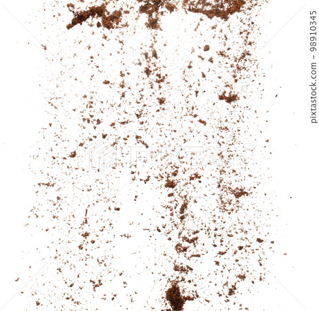 Coconut peel husk flying explosion, coconut chopped fine small S size fall down as dust. Coconut powder peel fertilizer splash throwing in Air. White background Isolated high speed shutter, freeze 98910345