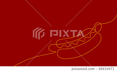 One line continuous hot dog fast food symbol concept. Silhouette of buns with sausage and mustard unhealthy snack. Digital white single line sketch drawing vector illustration One line continuous hot dog fast food symbol concept. Silhouette of buns with sausage and mustard unhealthy snack. Digital white single line sketch drawing vector illustration 98910471