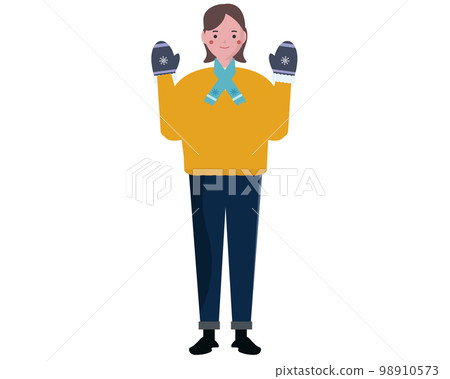 一個微笑的女人在冬天採取防寒措施。暖心的人。矢量圖 98910573