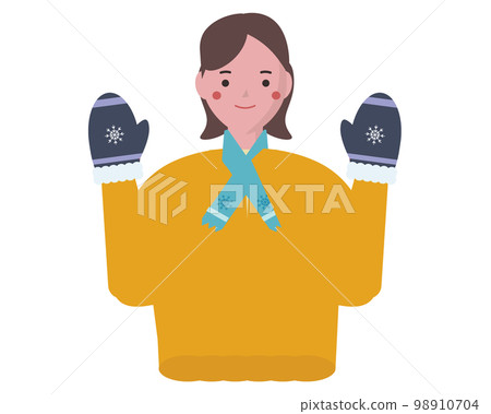 一個女人穿著保暖的衣服來抵禦寒冷。冬季時尚和微笑的數字。矢量圖 98910704