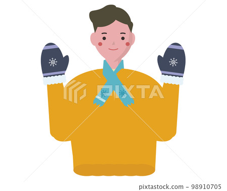 一個穿著暖和的衣服來抵禦寒冷的人。冬季時尚和微笑的數字。矢量圖 98910705